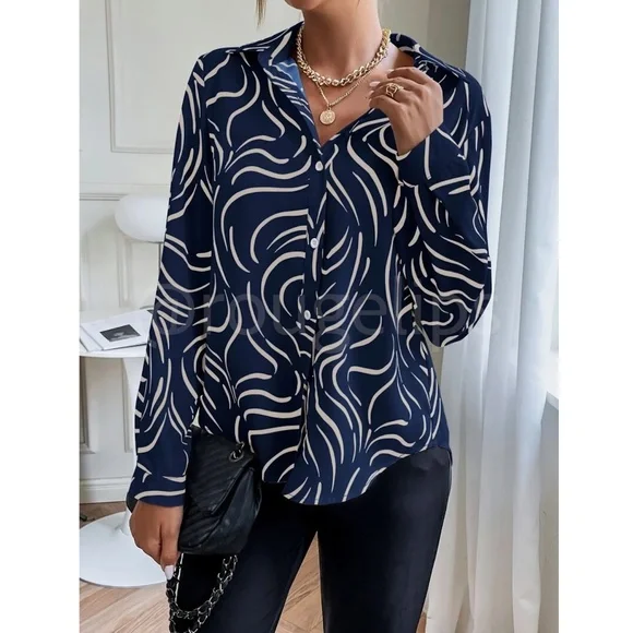 Abstract Print Button Down Collared Long Sleeve Dress Shirt Top Navy Blue - Picture 5 of 8